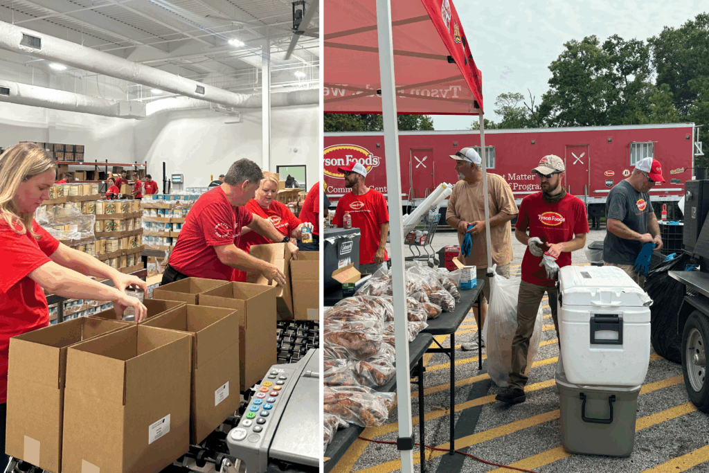 Tyson Foods team members giving back at food donation events and disaster relief sites.