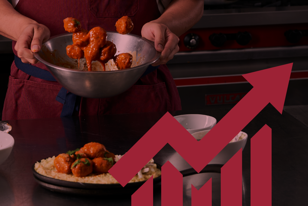 Chef cooking in a kitchen with a rising arrow graphic.