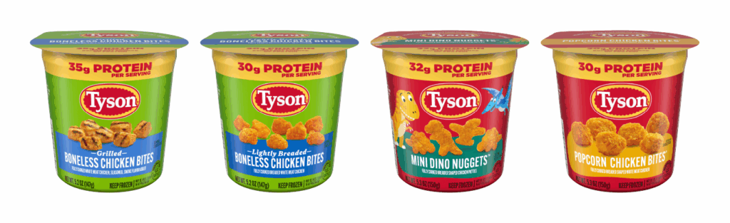 Four varieties of Tyson® chicken cups shown in their packaging