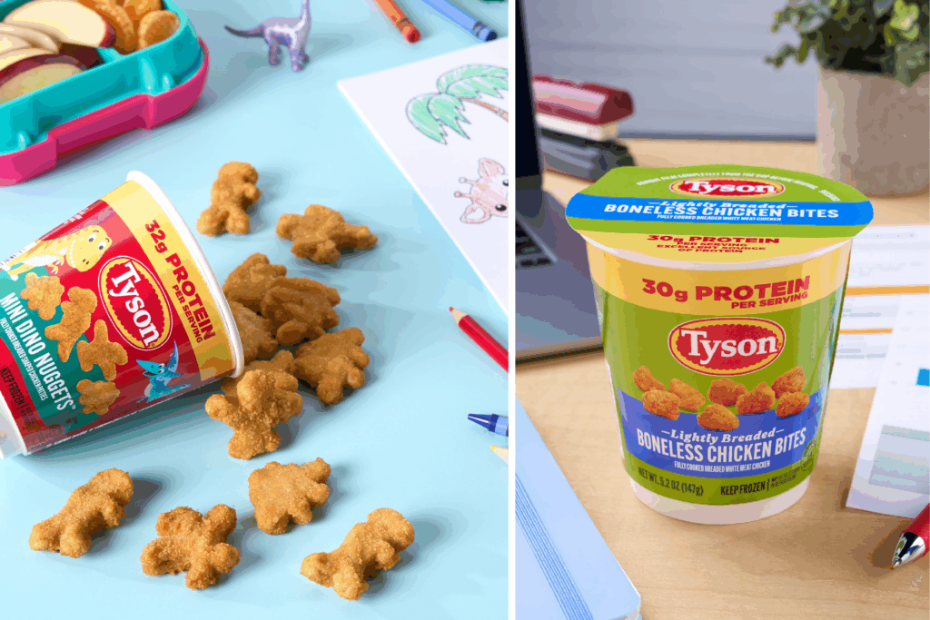 Two varieties of Tyson® chicken cups shown on a kids table and on an office desk.