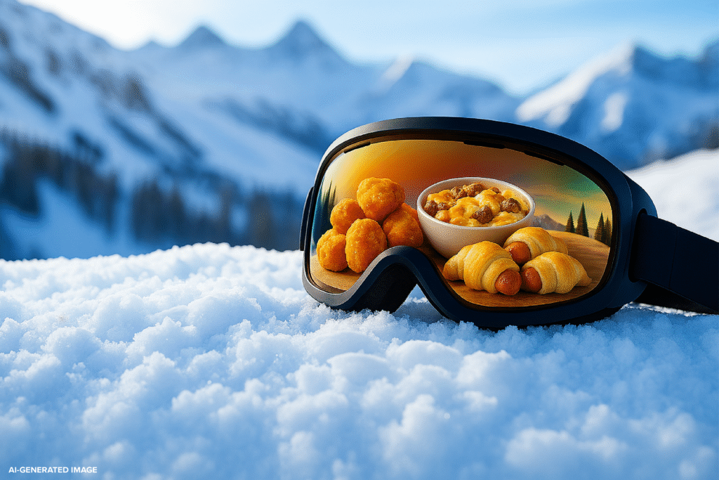 Ski goggles on a mountain with Tyson Foods products shown in the reflection
