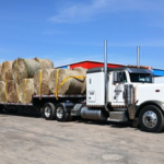 Truck delivering hay bales for disaster relief.