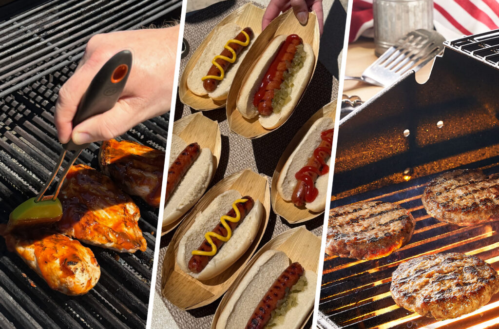 Chicken, hot dogs and burgers on a grill