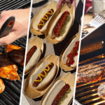 Chicken, hot dogs and burgers on a grill