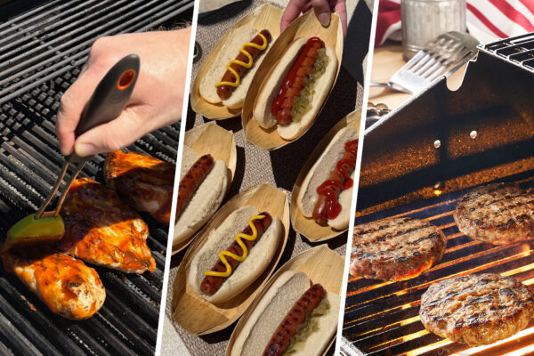 Chicken, hot dogs and burgers on a grill