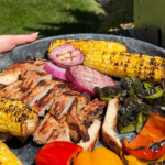 Pork and vegetables on a platter