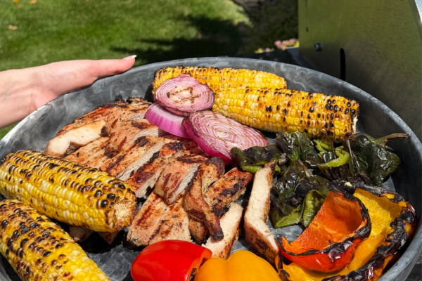 Pork and vegetables on a platter